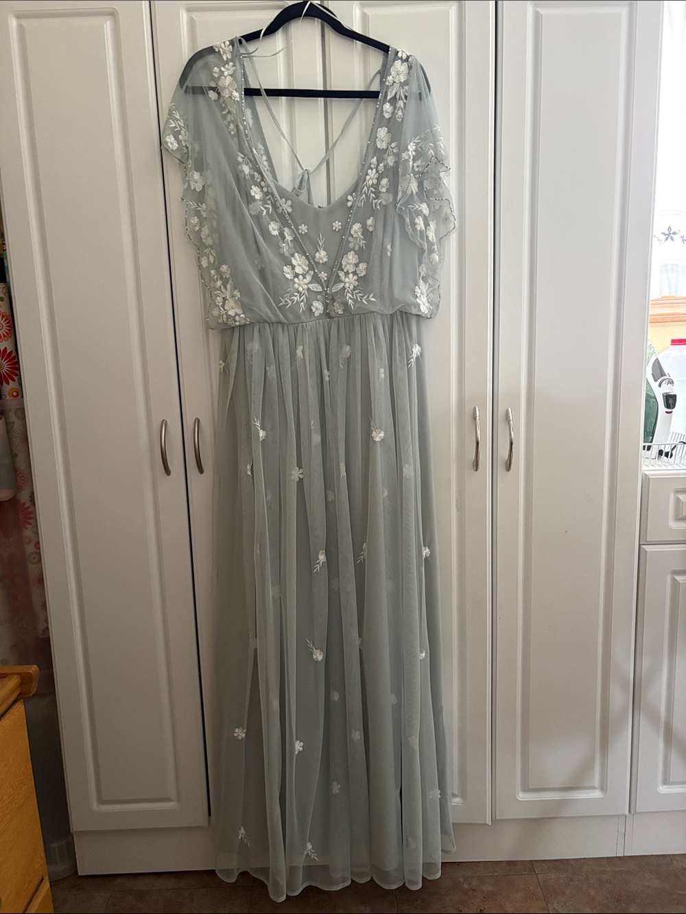 Monsoon Sage Green Embroidered Tulle Maxi Dress